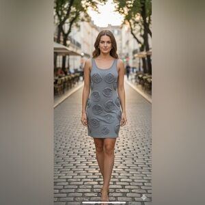 Vtg Cacharel Gray Sleeveless Dress with Floral Accents knitted dress size S